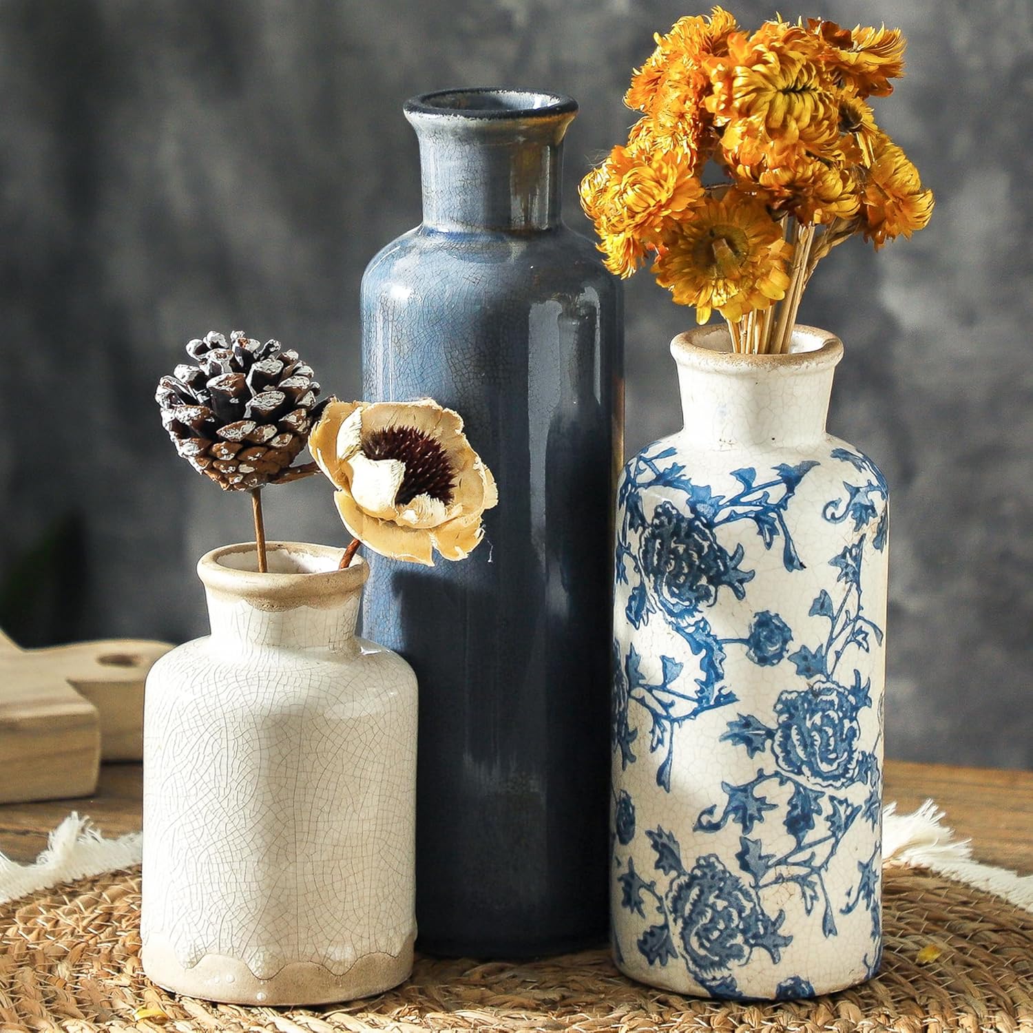Vintage Farmhouse Blue Flower Vase — Set of 3 — 007 Vintage - Blue