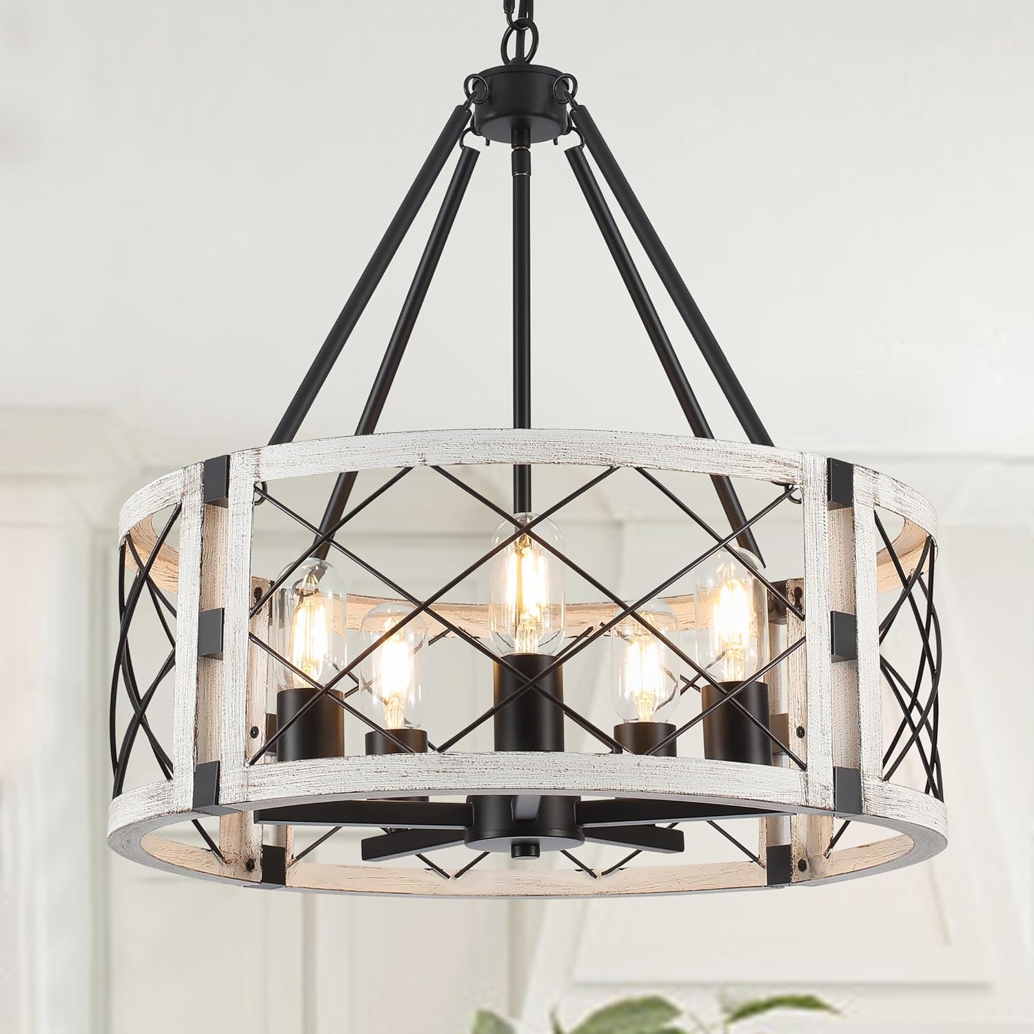 Adjustable Farmhouse Brown Chandelier — 5-Light — White