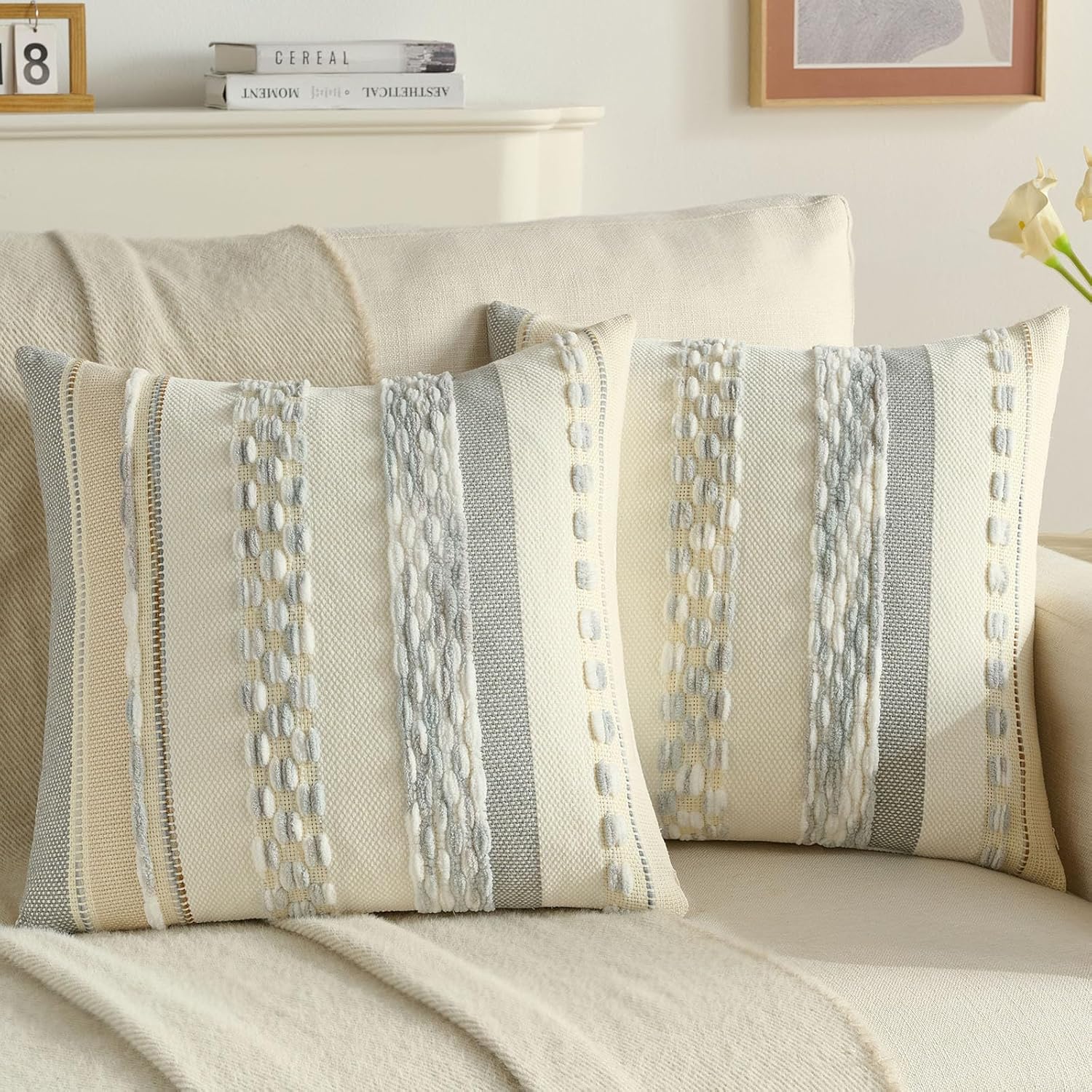 Tufted Boho Beige Throw Pillow Cover — 18" — Grey Blue White