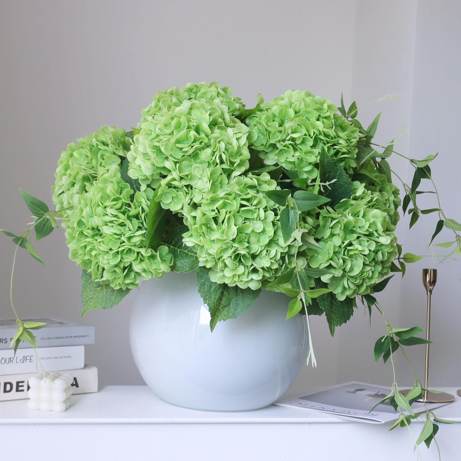 Blue Artificial Flowers — 21" — Soft Lime Green Hydrangea Flowers 4pcs