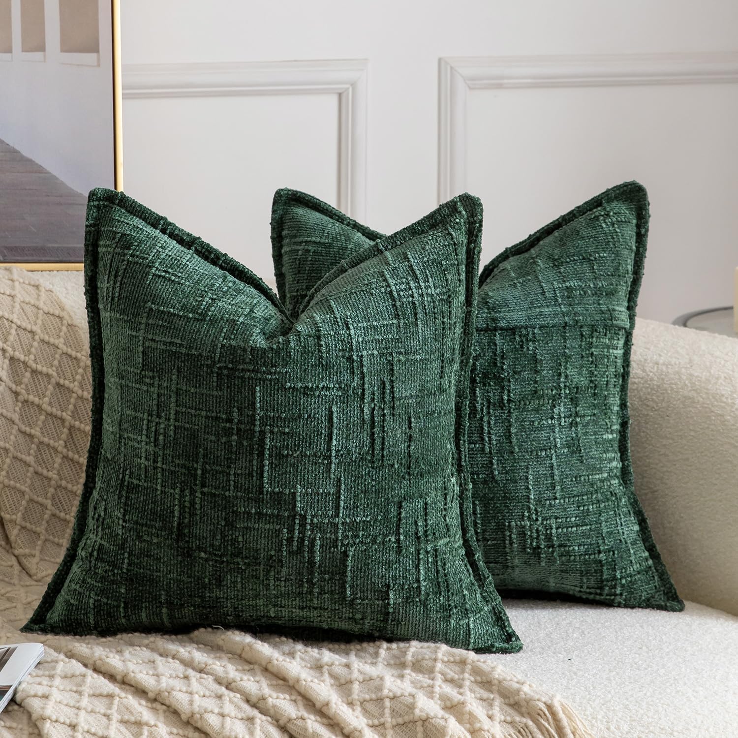 Chenille Boho Beige Throw Pillow Cover — 18" — Green