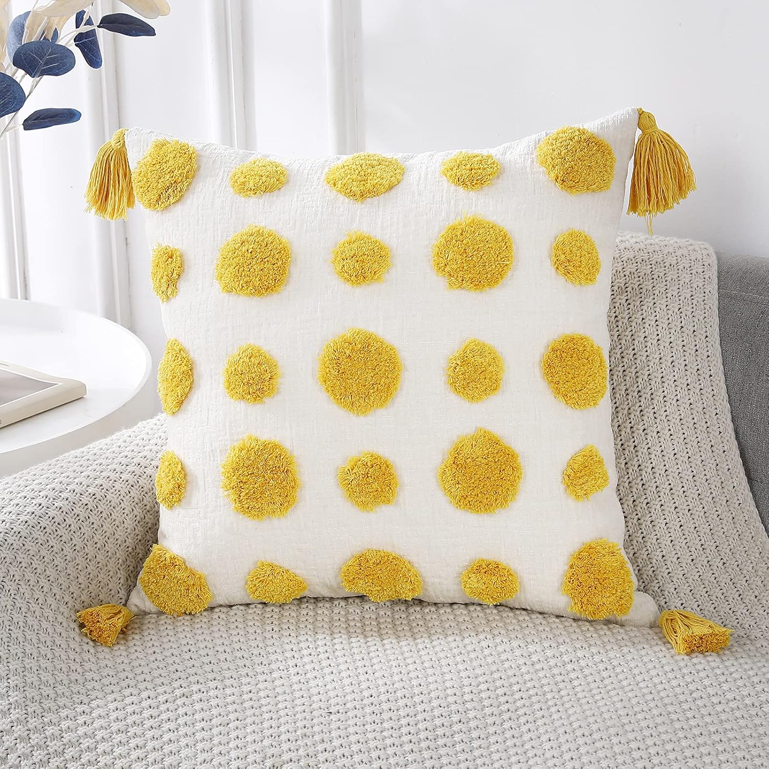 Tufted Boho Black Throw Pillow Cover — 20" — Yellow