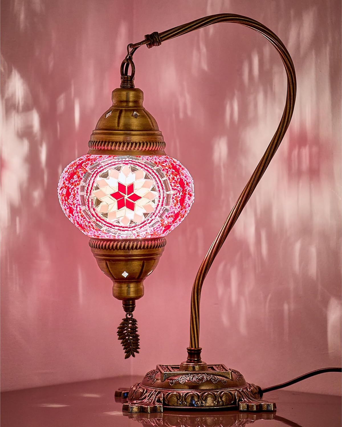 Handcrafted Boho Black Table Lamp — 15" — Light Pink