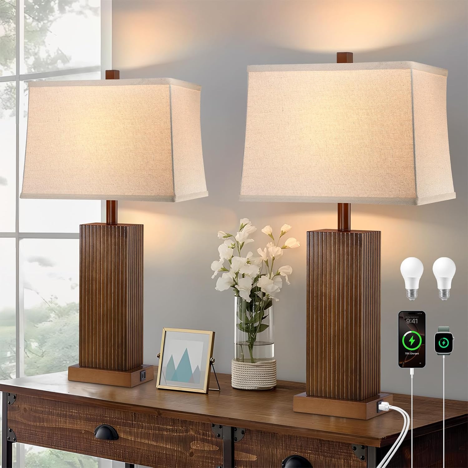 USB Charging Farmhouse Beige Table Lamp — 27.5" — Walnut Wood 2 Pack