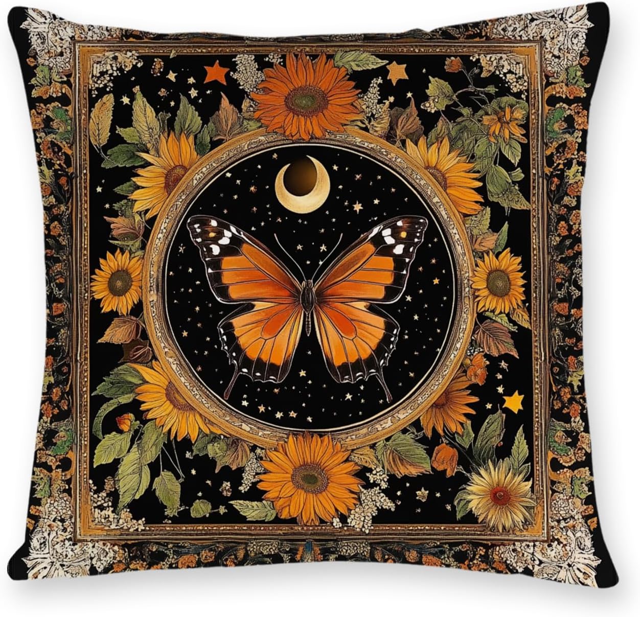 Vintage Boho Black Throw Pillow Cover — 18" — Orange-butterfly