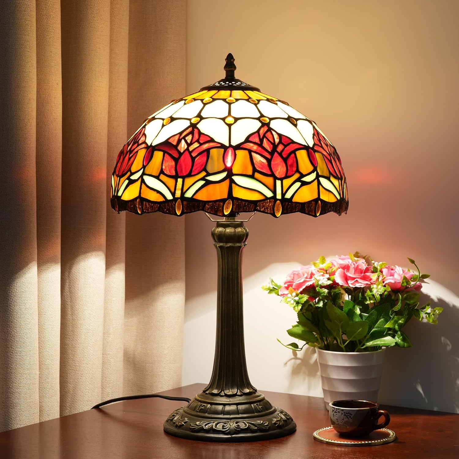 Vintage Blue Desk Lamp — 12" — Red Tulips