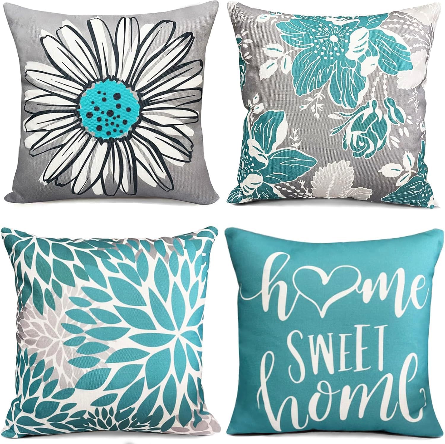 Linen Boho Beige Throw Pillow Cover — 18" — Teal-floral