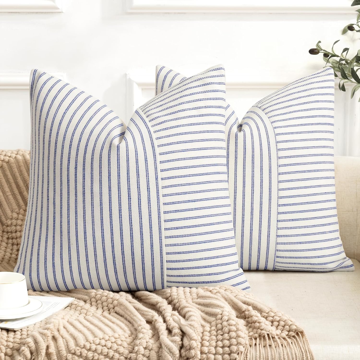 Linen Boho Beige Throw Pillow Cover — 18" — Royal Blue