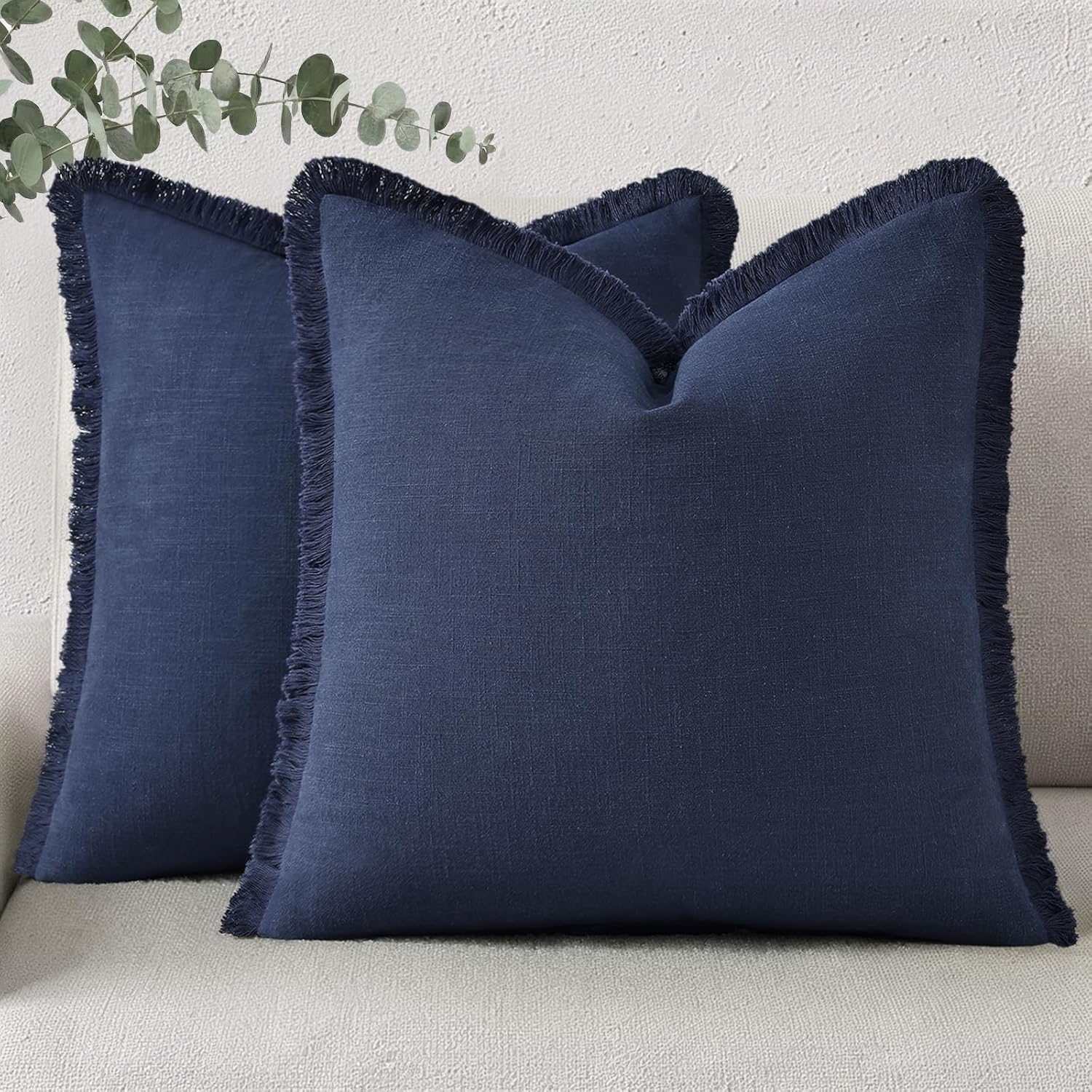 Linen Boho Beige Throw Pillow Cover — 18" — Navy Blue