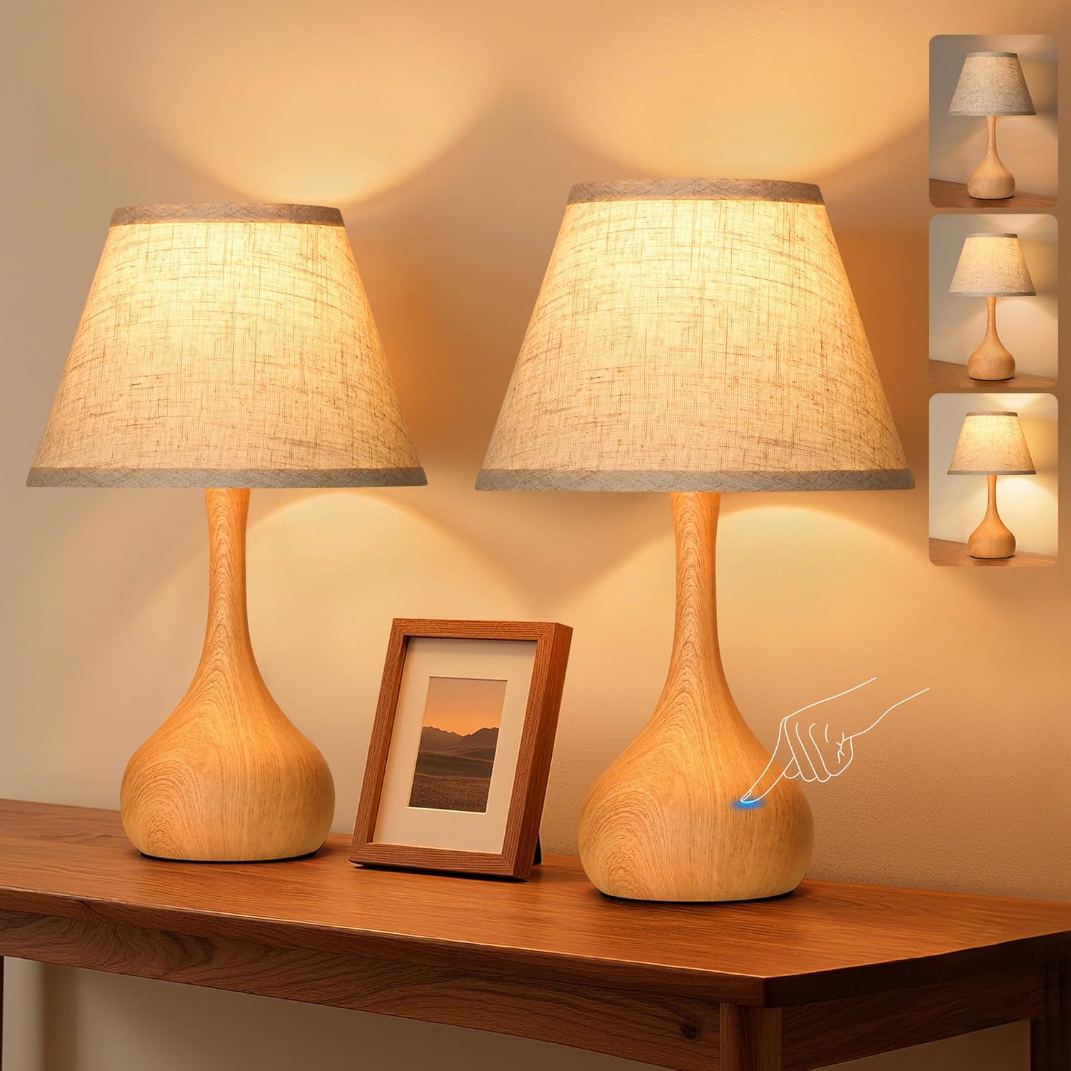 Dimmable Farmhouse Black Bedside Lamp — Set of 2 — Wood Grain