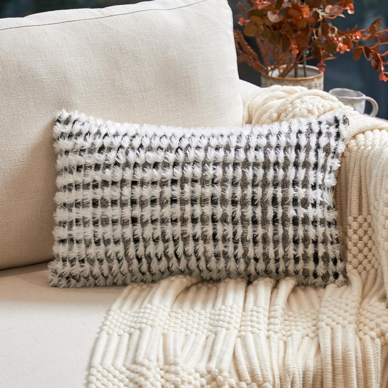 Tufted Boho Black Throw Pillow Cover — 20" — Black Gray