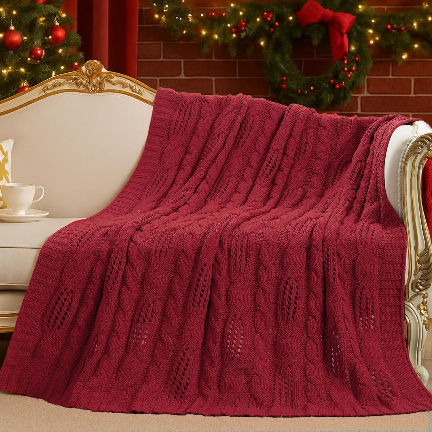 Knit Farmhouse Beige Throw Pillow — 50" — Christmas Red