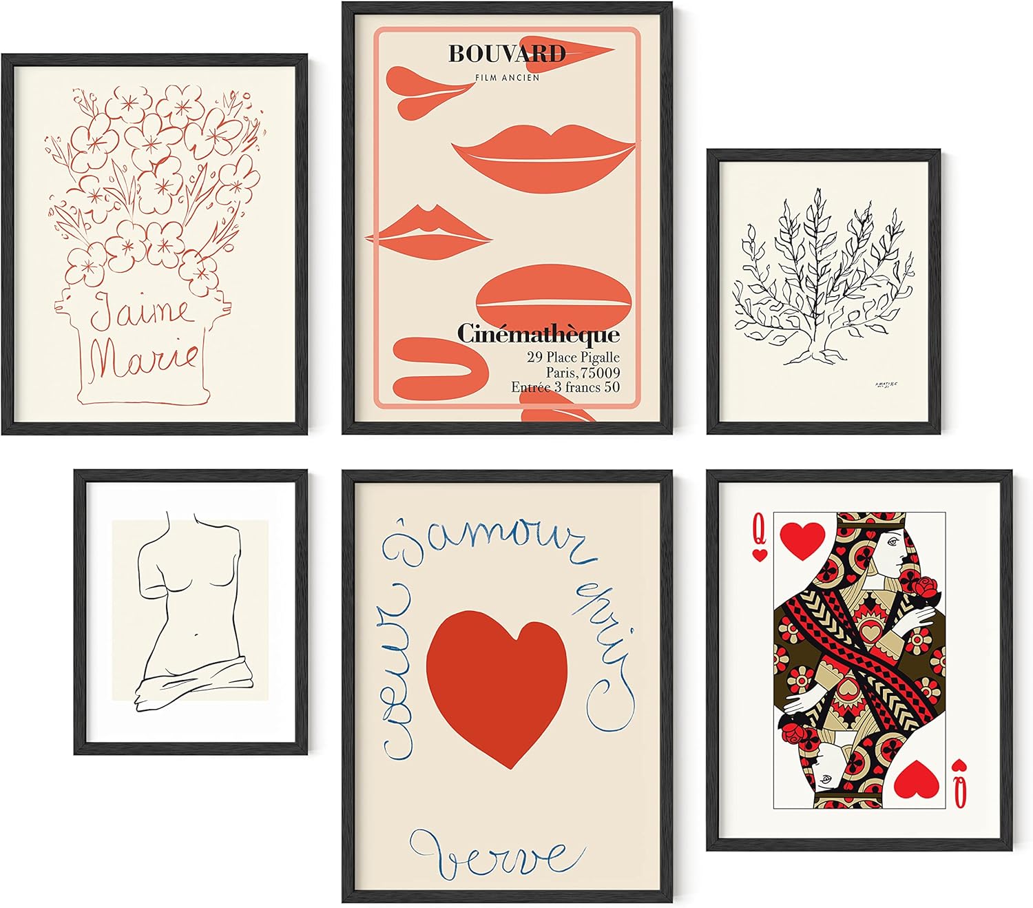 Framed Black Wall Decor — Set of 6 — Vintage Red