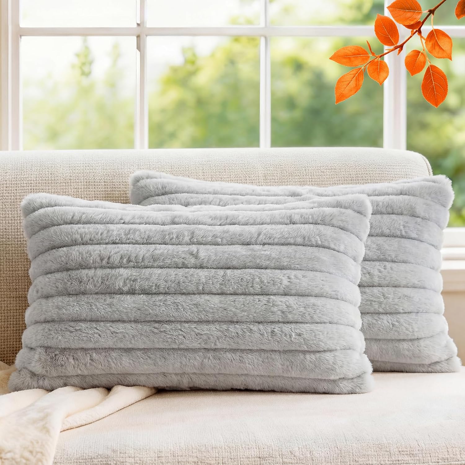 Velvet Farmhouse Beige Throw Pillow Cover — 18" — Gray