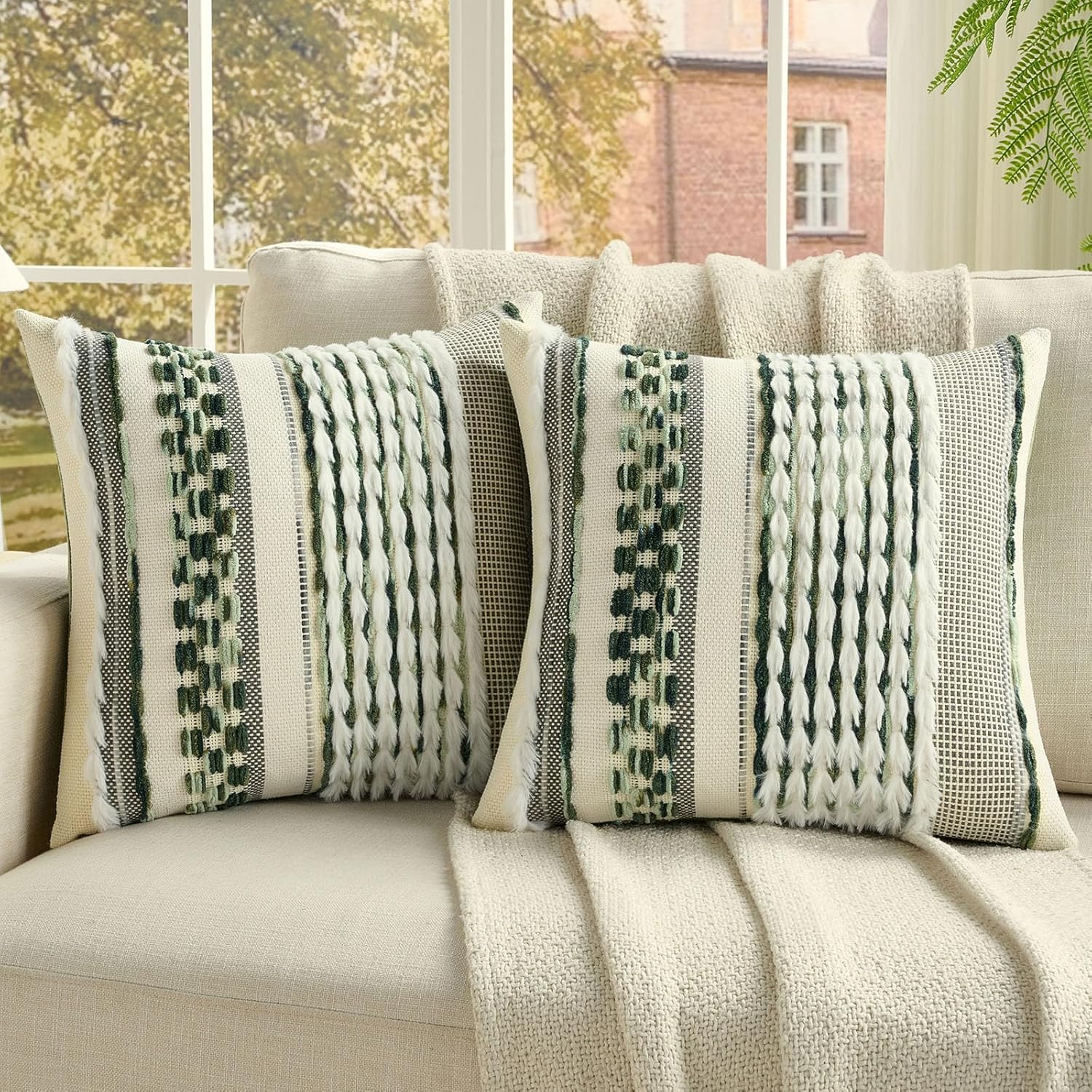 Tufted Boho Beige Throw Pillow Cover — 18" — Green