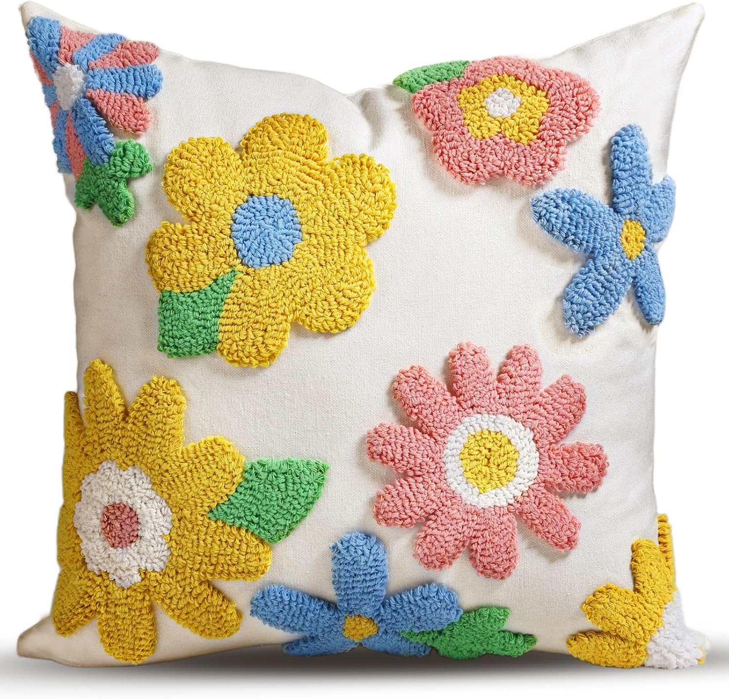 Tufted Boho Beige Throw Pillow Cover — 18" — Five Color Flower