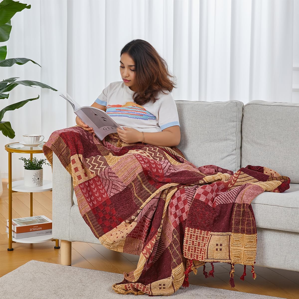 Chenille Boho Red Throw Pillow — 75" - View 5