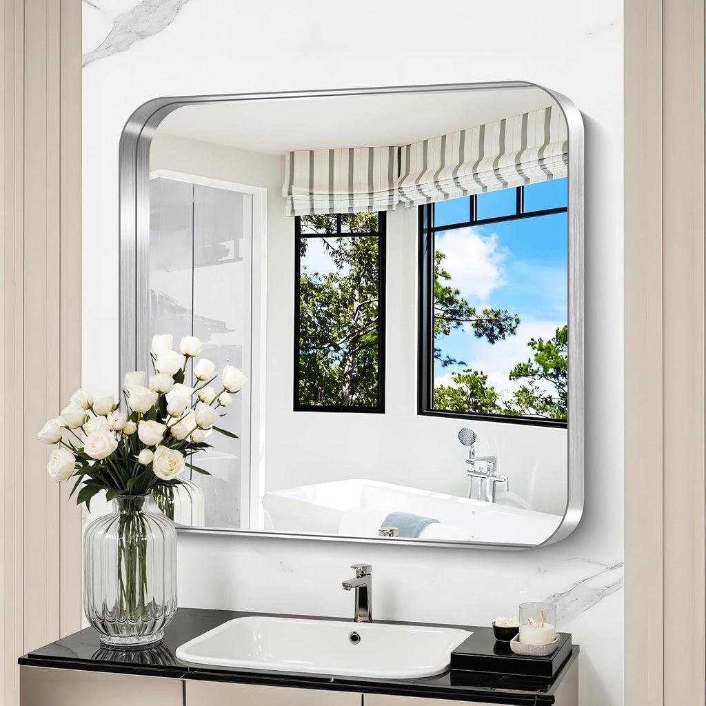 Rectangular Luxe Black Mirror — 30" — Rounded Corner Silver