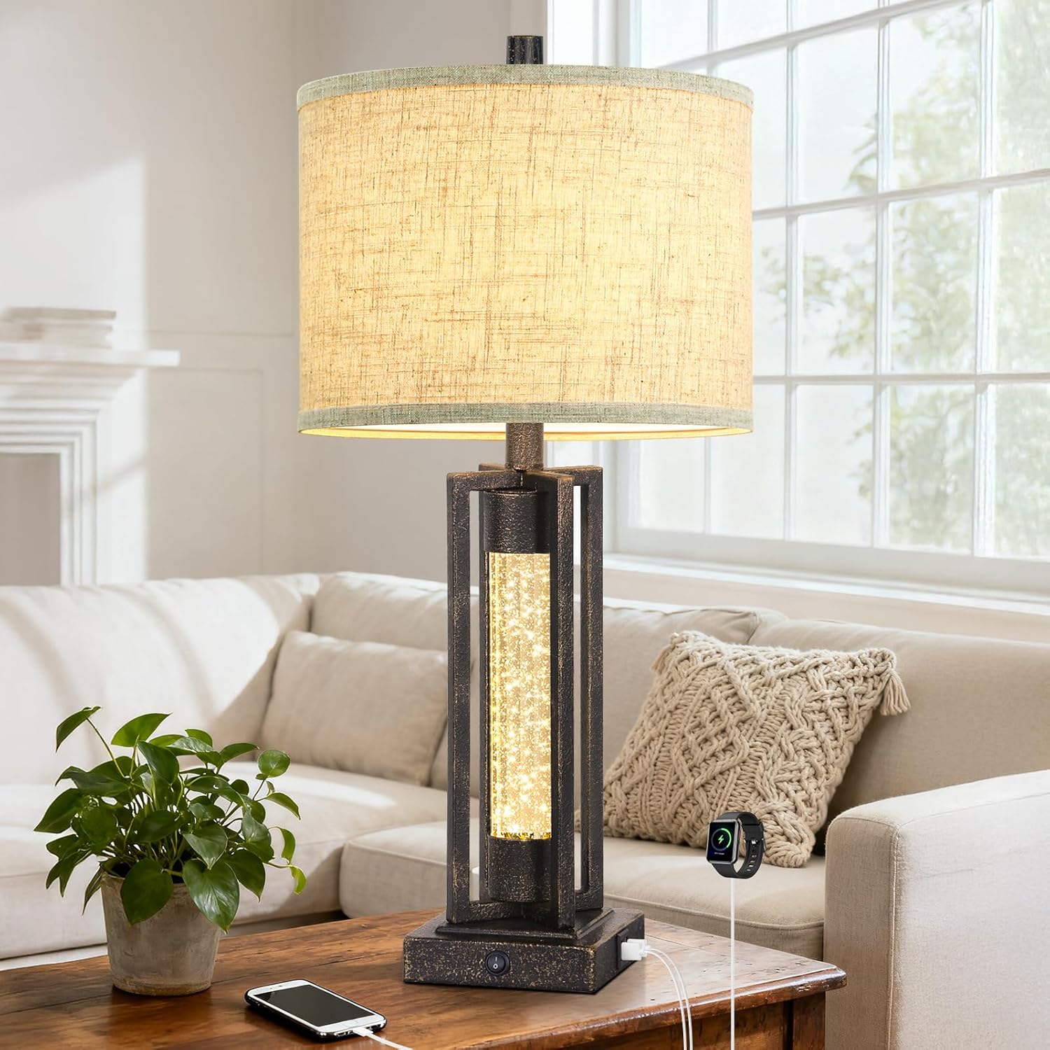USB Farmhouse Black Bedside Lamp — Set of 2 — 1 Pack-Bronze