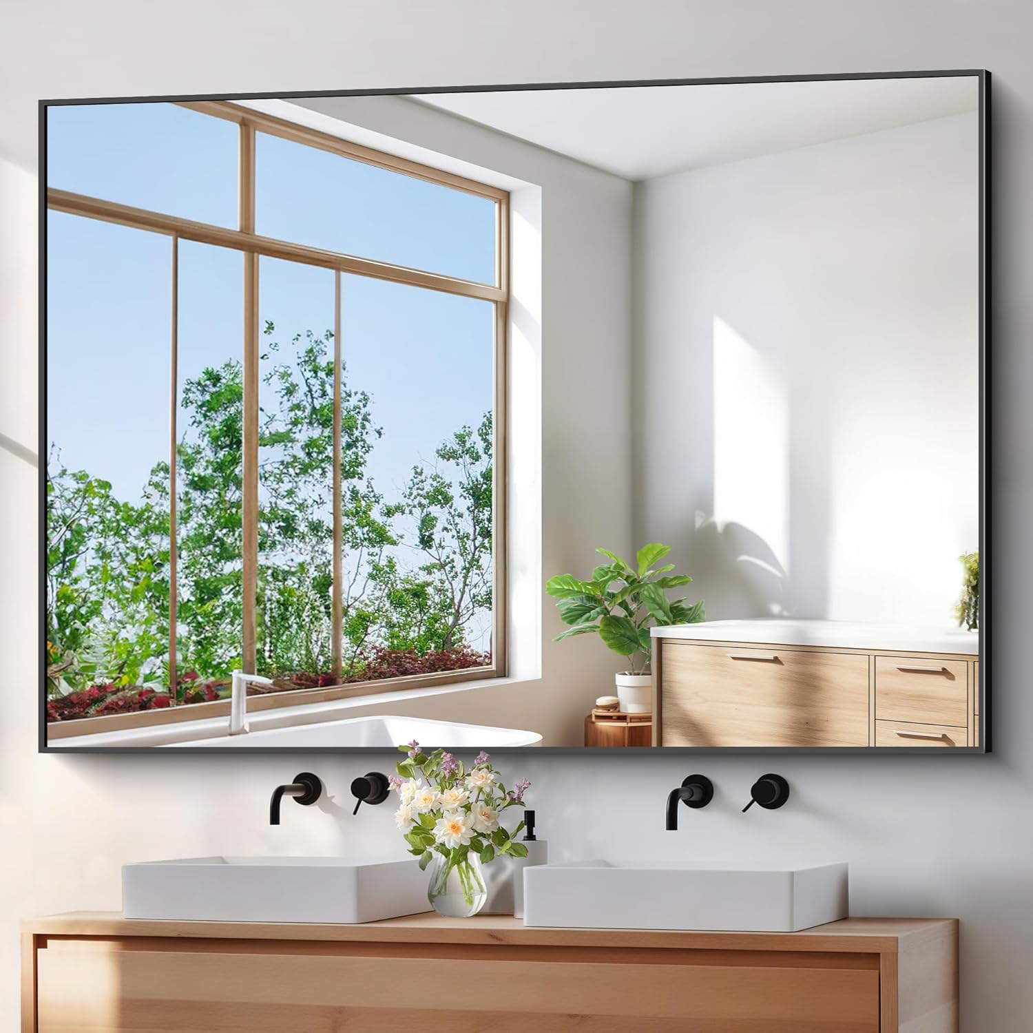 Round Luxe Beige Wall Mirror — 60" — Black Rectangle