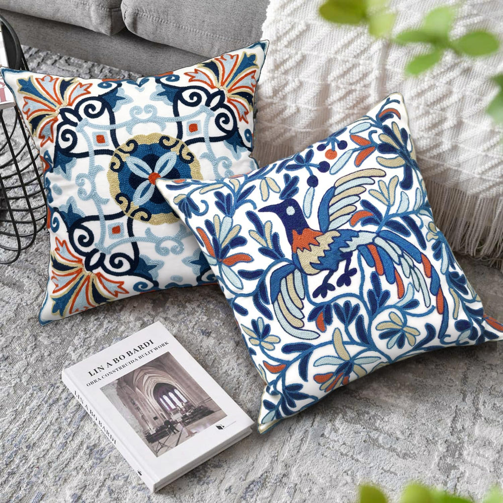 Embroidered Boho Blue Throw Pillow Cover — 18" - View 7
