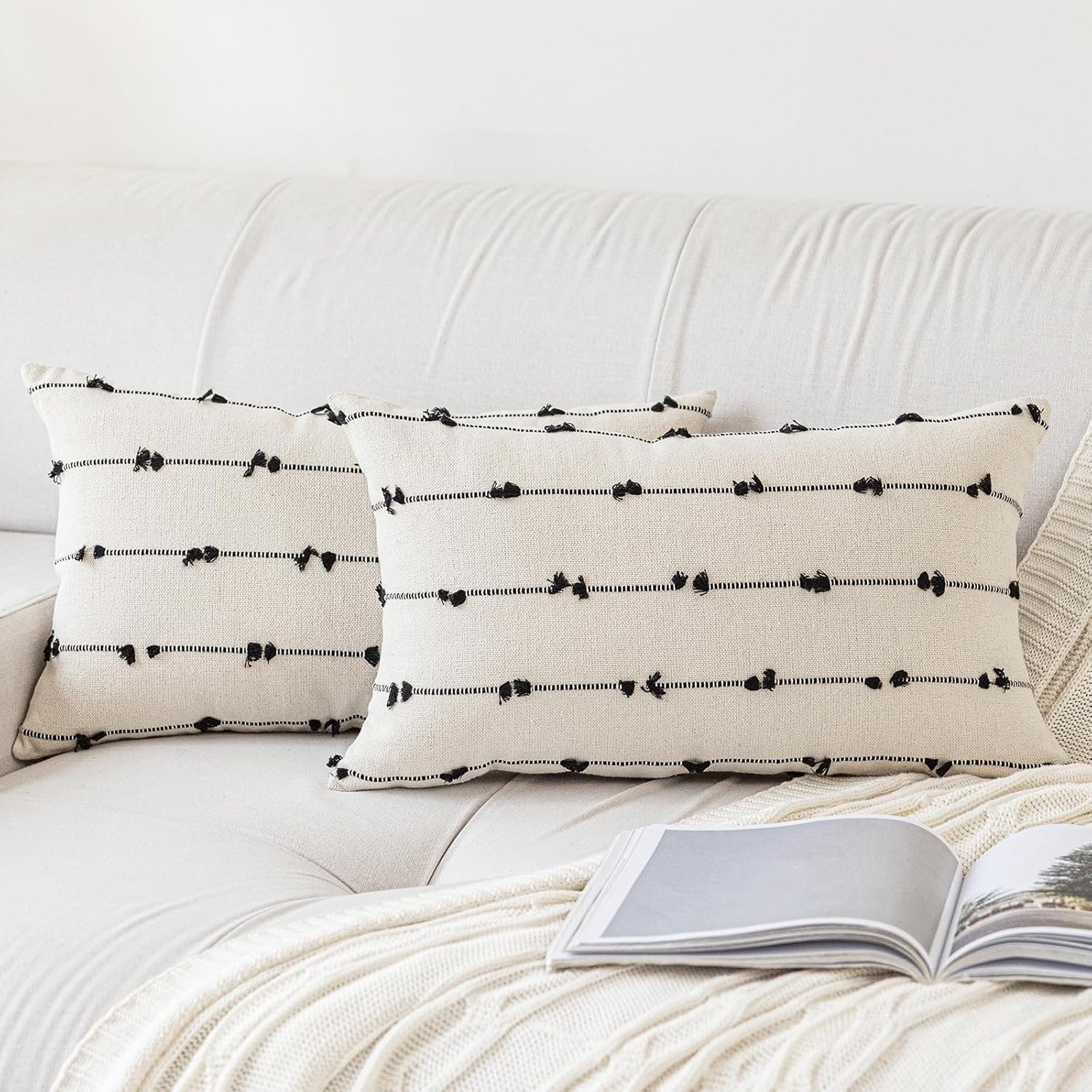 Tufted Boho Beige Throw Pillow Cover — 18" — Beige and Black
