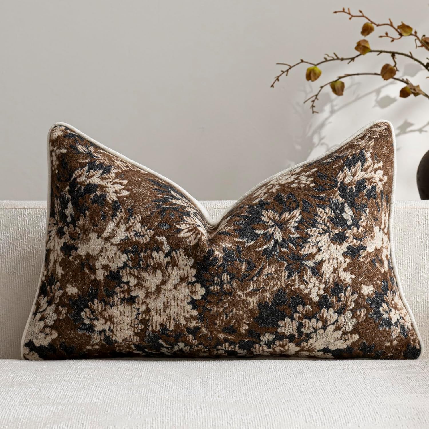 Chenille Boho Beige Pillow Cover — 20" — Dark Brown