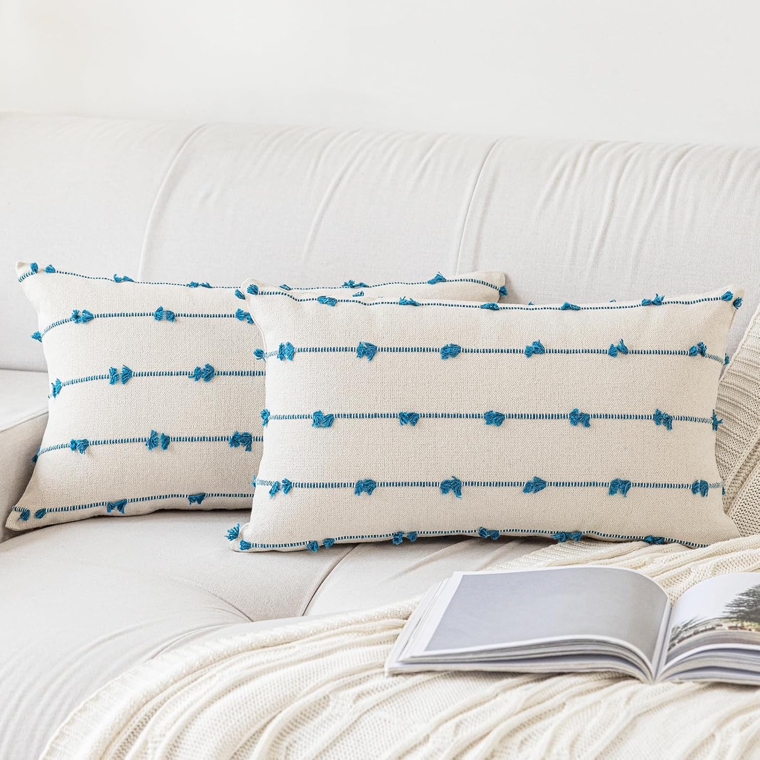 Tufted Boho Beige Throw Pillow Cover — 18" — Beige and Blue