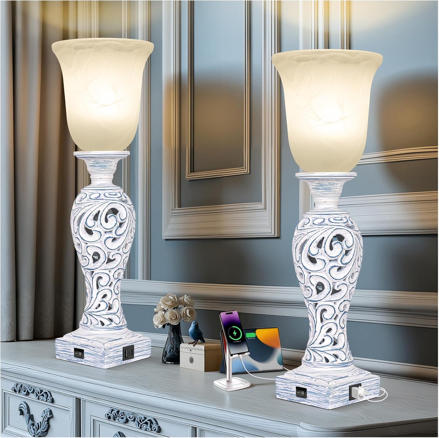 Dimmable Farmhouse Beige Bedside Lamp — 20" — Washed Blue-Set of 2