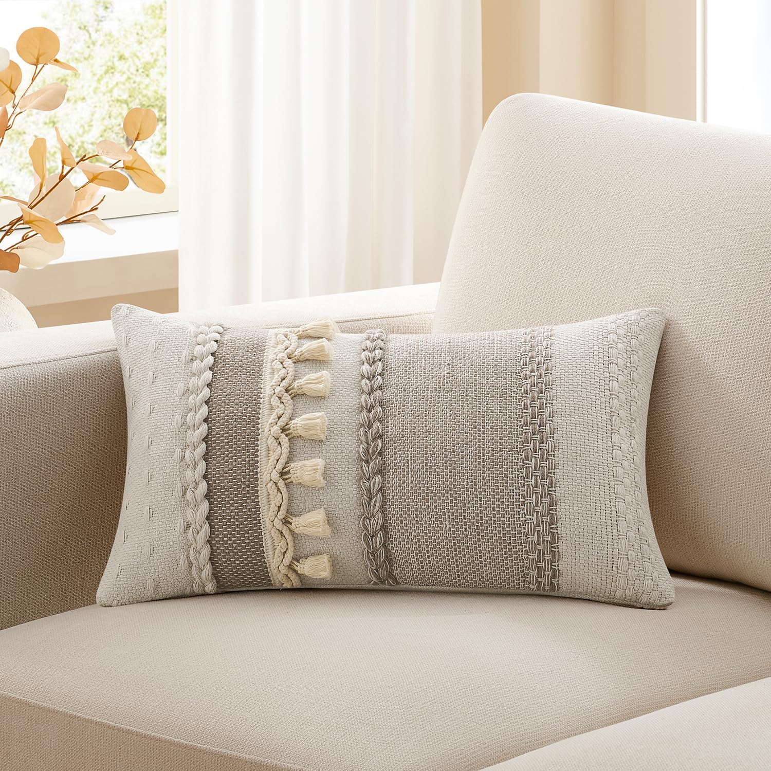 Tufted Boho Beige Throw Pillow Cover — 20" — 20" x 14" (Pack of 1)