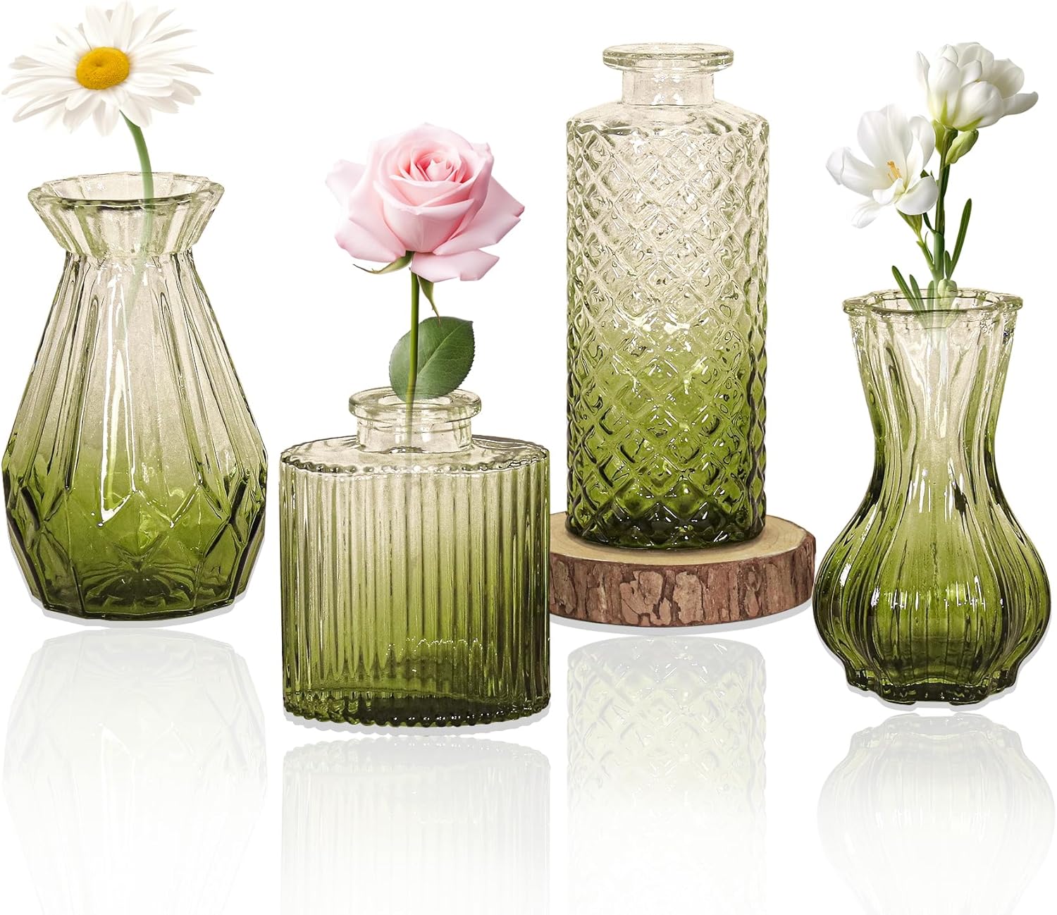 Vintage Farmhouse Blue Flower Vase — Set of 4 — Ombre Green