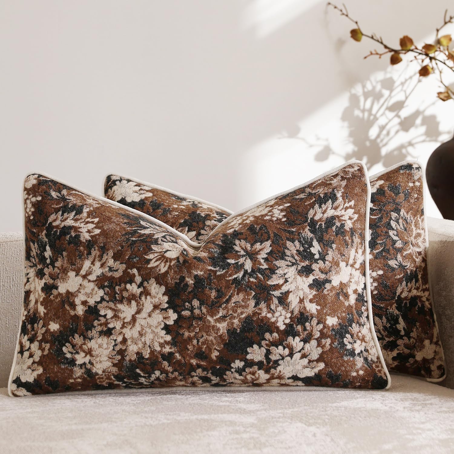 Chenille Boho Beige Throw Pillow — 26" — Dark Brown