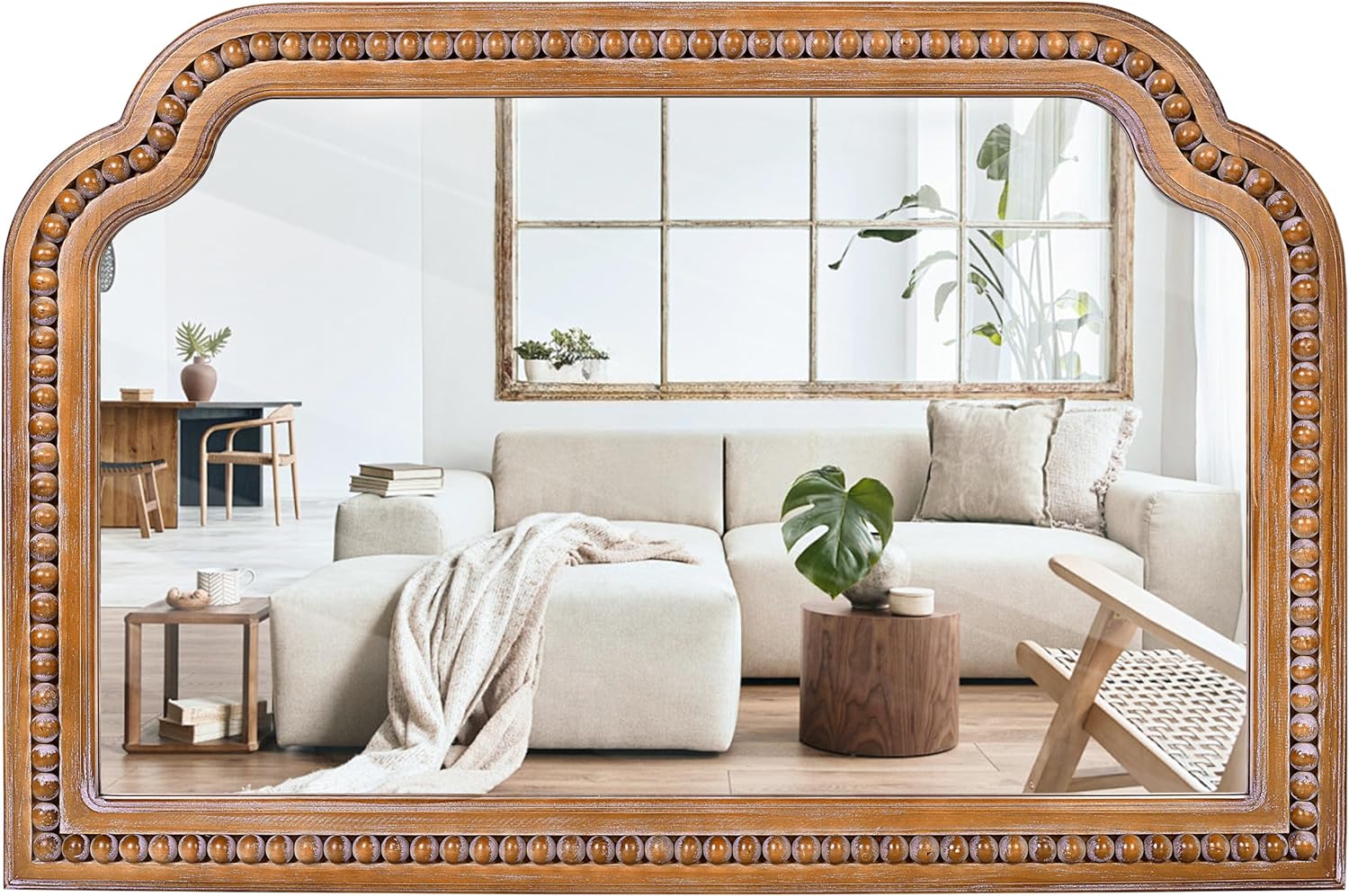 Round Beige Wall Mirror — 30" — G - Beaded Arched - 36x24 in