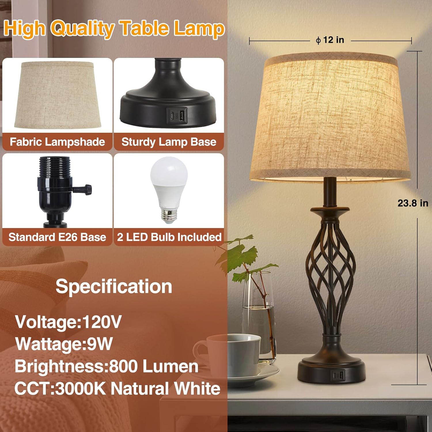 USB Modern Beige Bedside Lamp — Set of 2 - View 3
