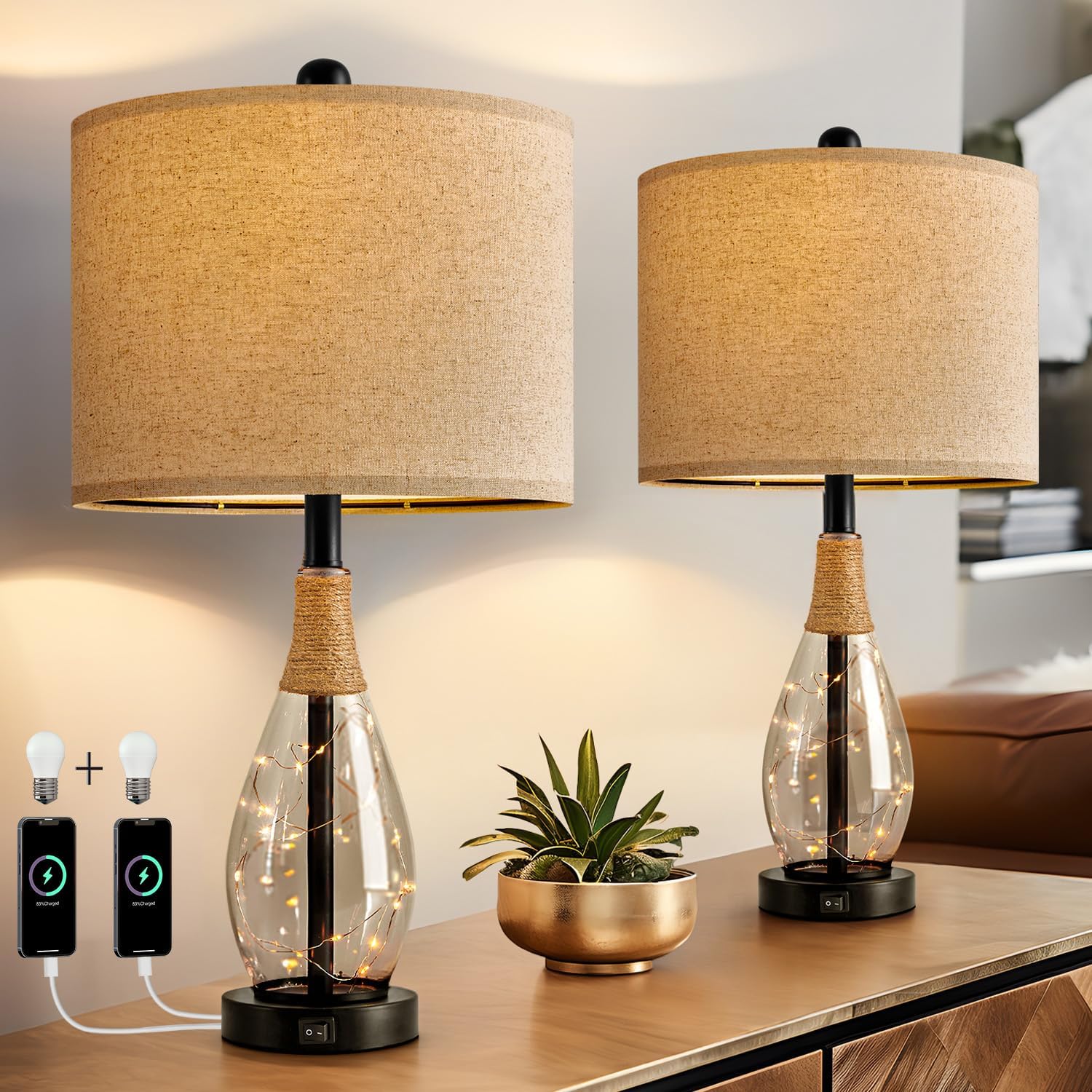 USB Boho Black Bedside Lamp — Set of 2 — Farmhouse Black