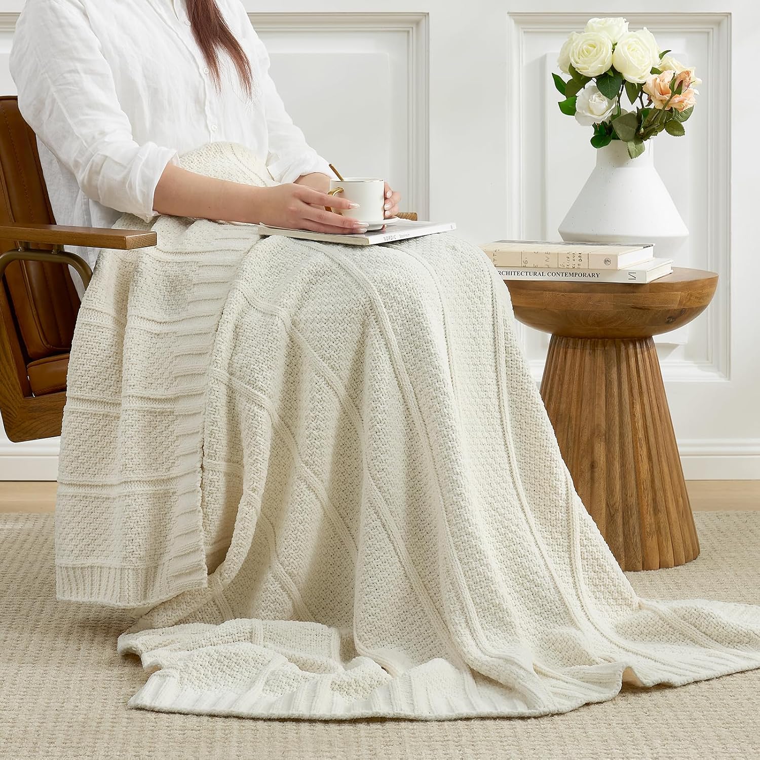Knit Beige Throw Pillow — 50" - View 4