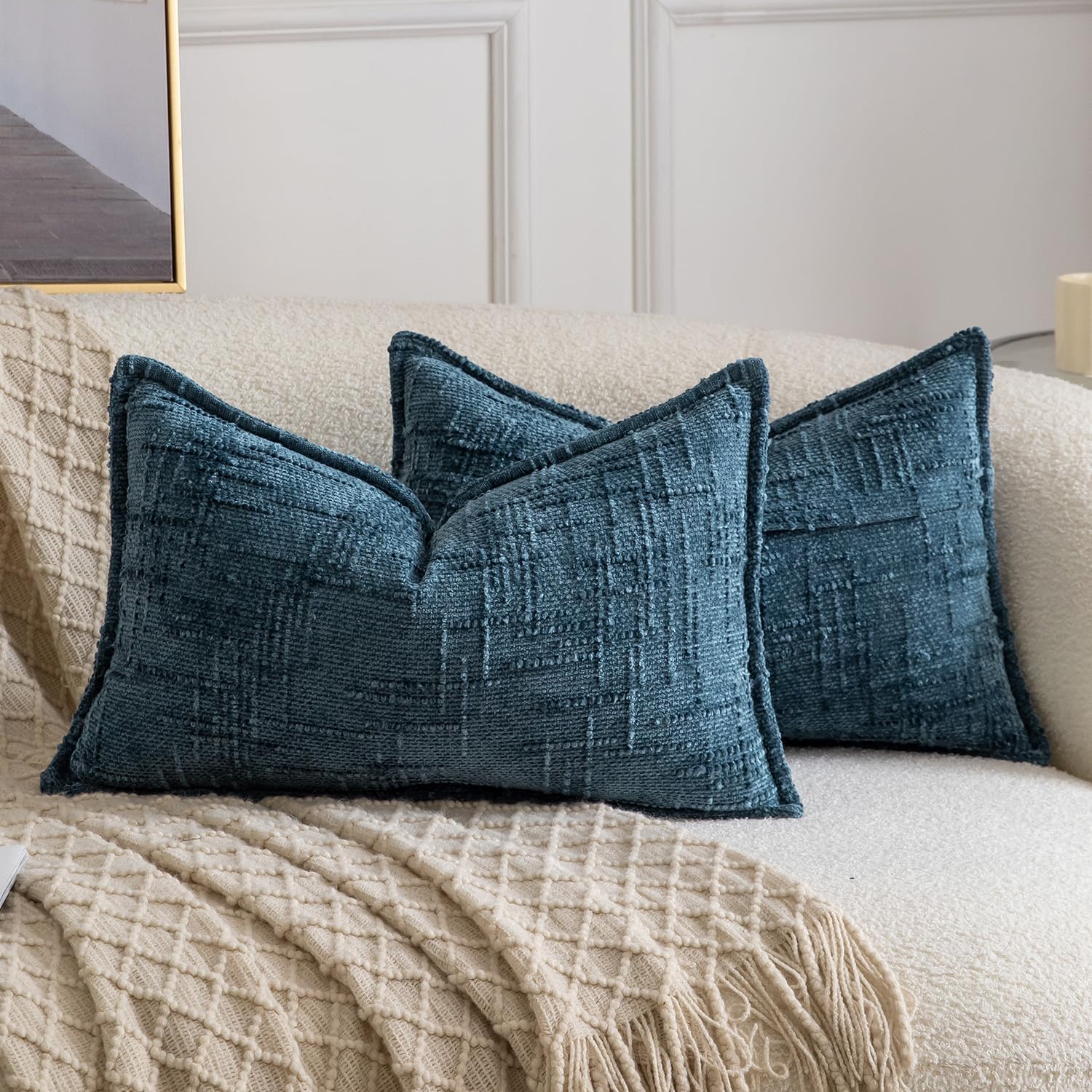 Chenille Boho Beige Throw Pillow Cover — 18" — Blue