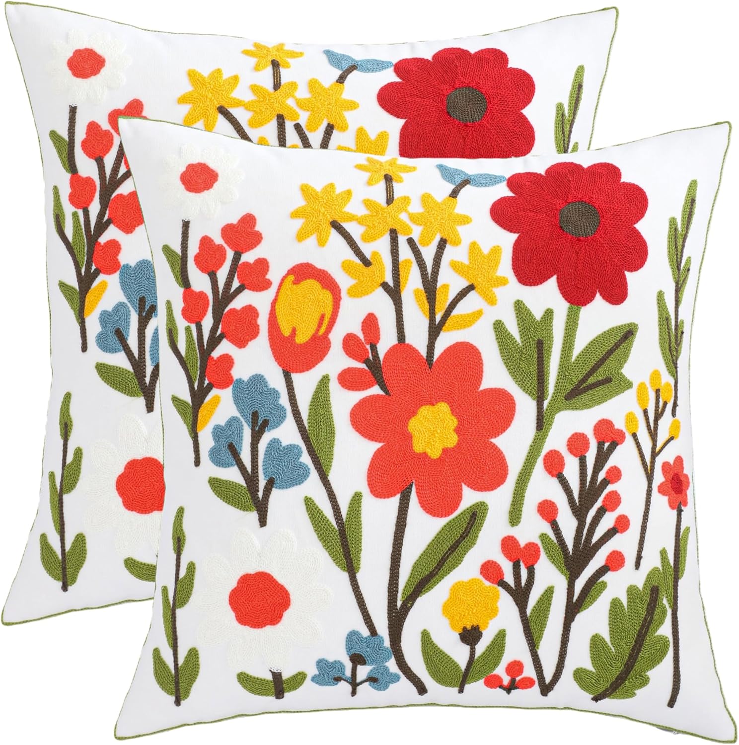 Embroidered Boho Blue Throw Pillow Cover — 18" — Orange Red Flower