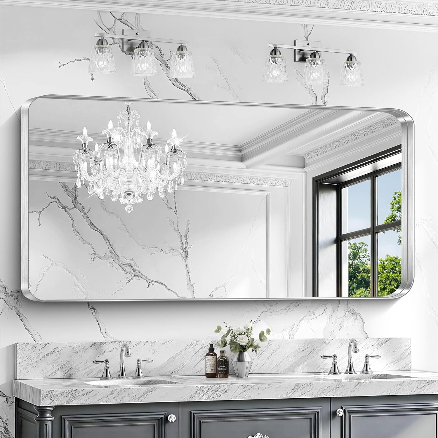 Rectangular Luxe Black Mirror — 30" — Rounded Corner Silver