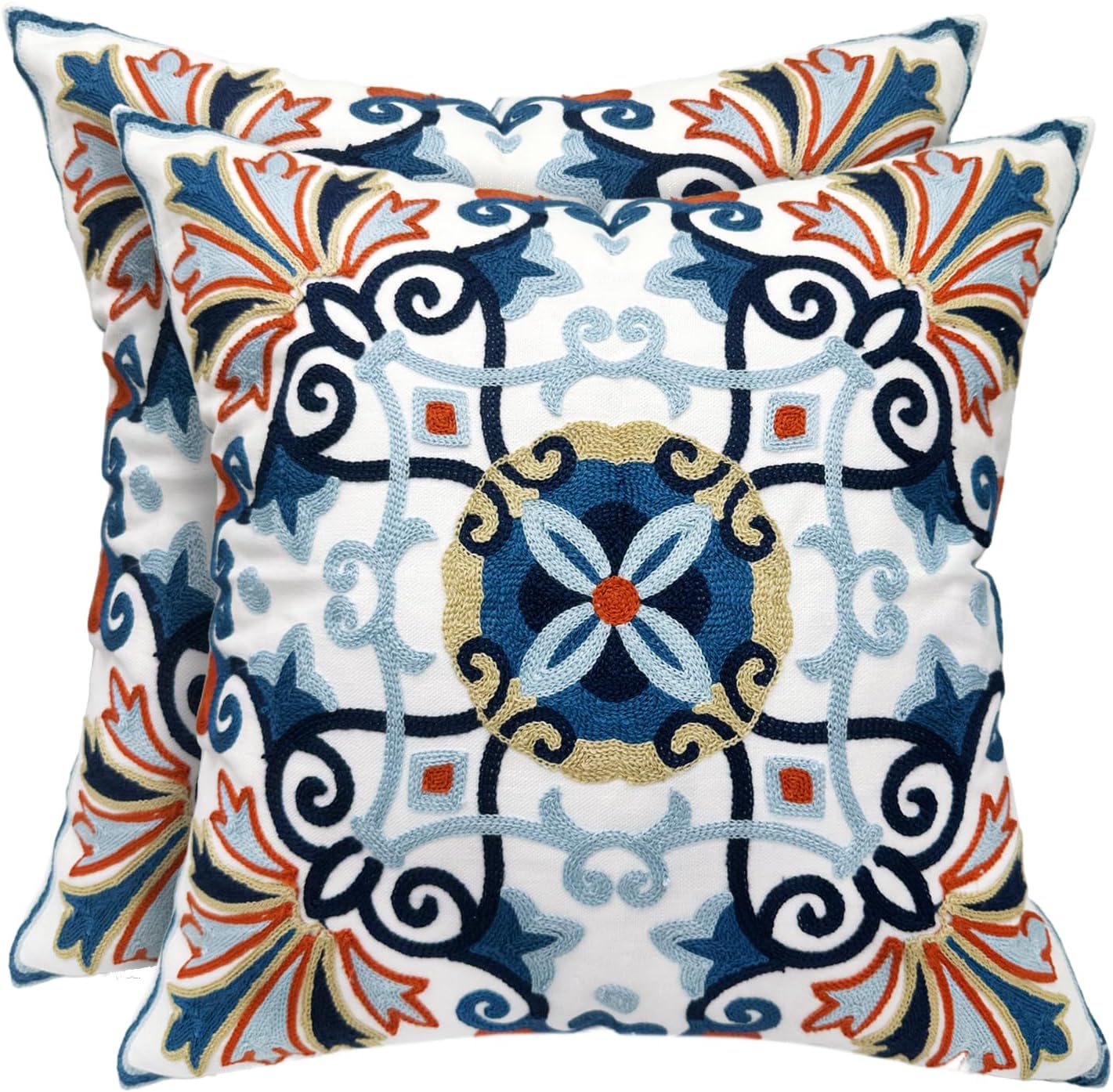 Embroidered Boho Blue Throw Pillow Cover — 18" — Floral- Navy Orange