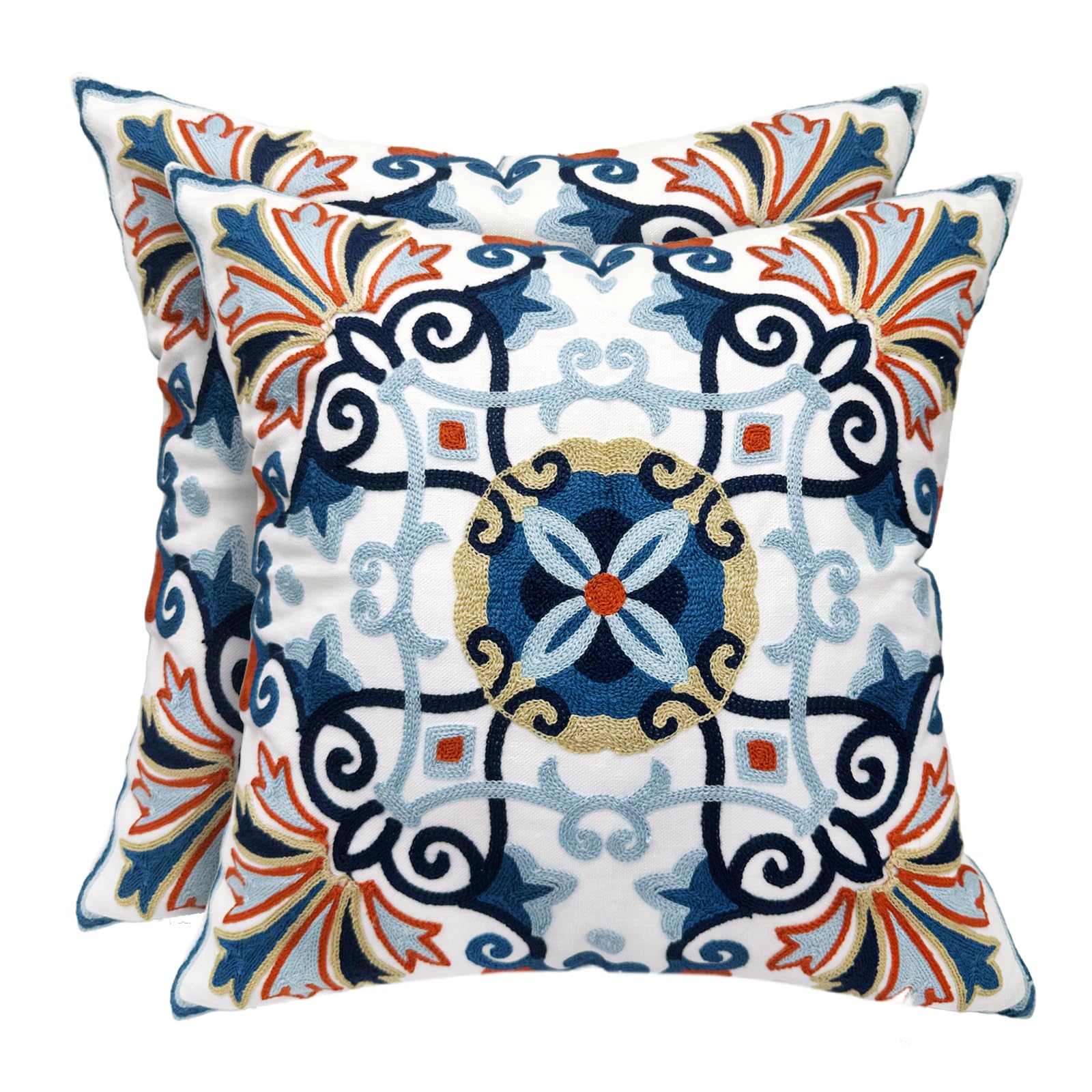 Embroidered Boho Blue Throw Pillow Cover — 18"
