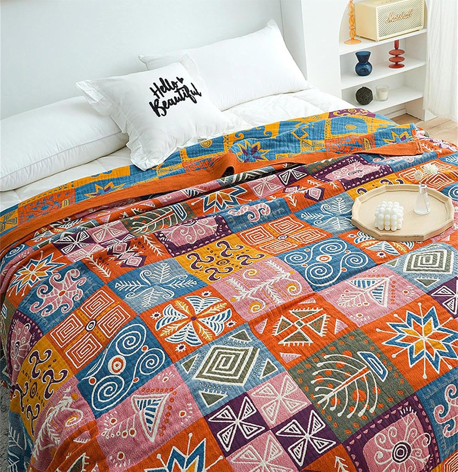Boho Blue Throw Pillow — 60" — Ethnic Flowers