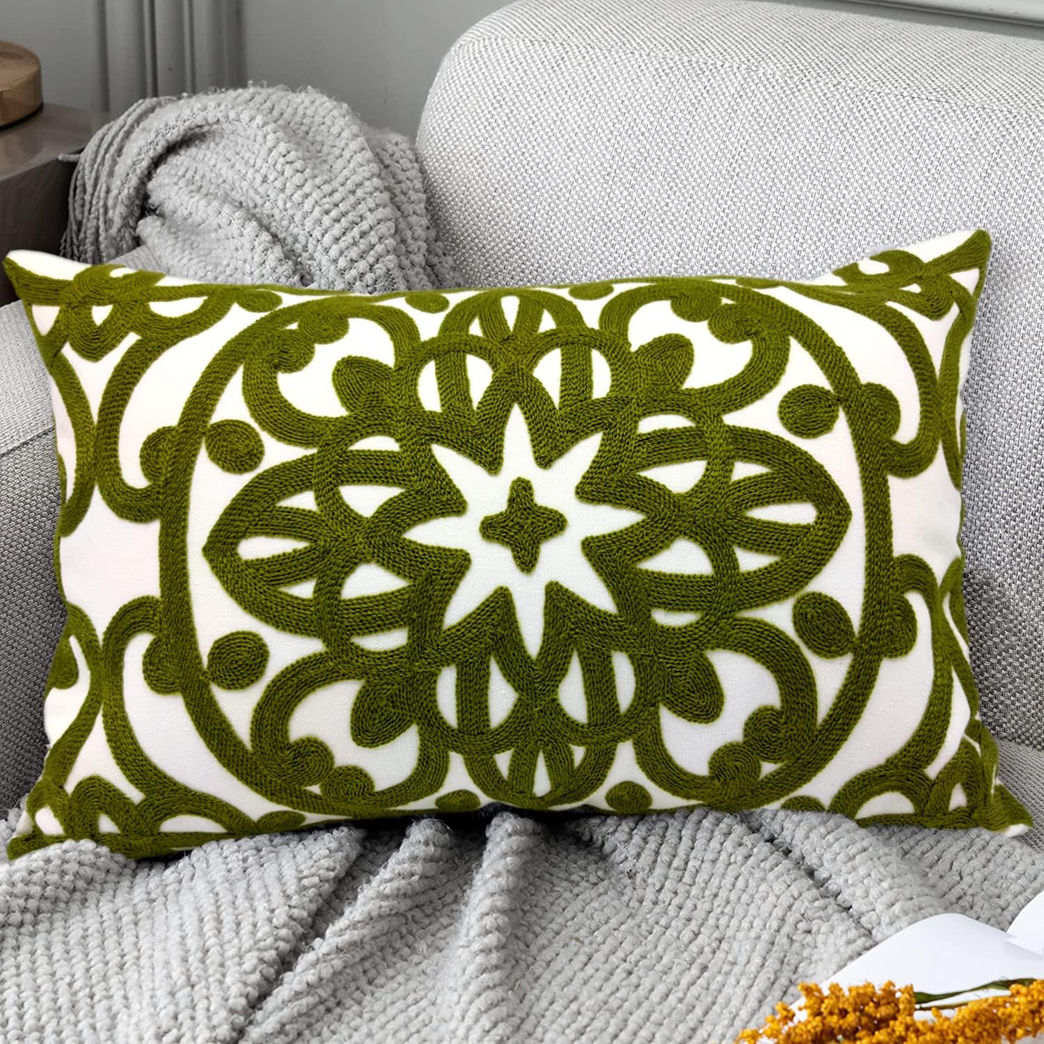 Embroidered Boho Beige Throw Pillow Cover — 12" — Olive Green