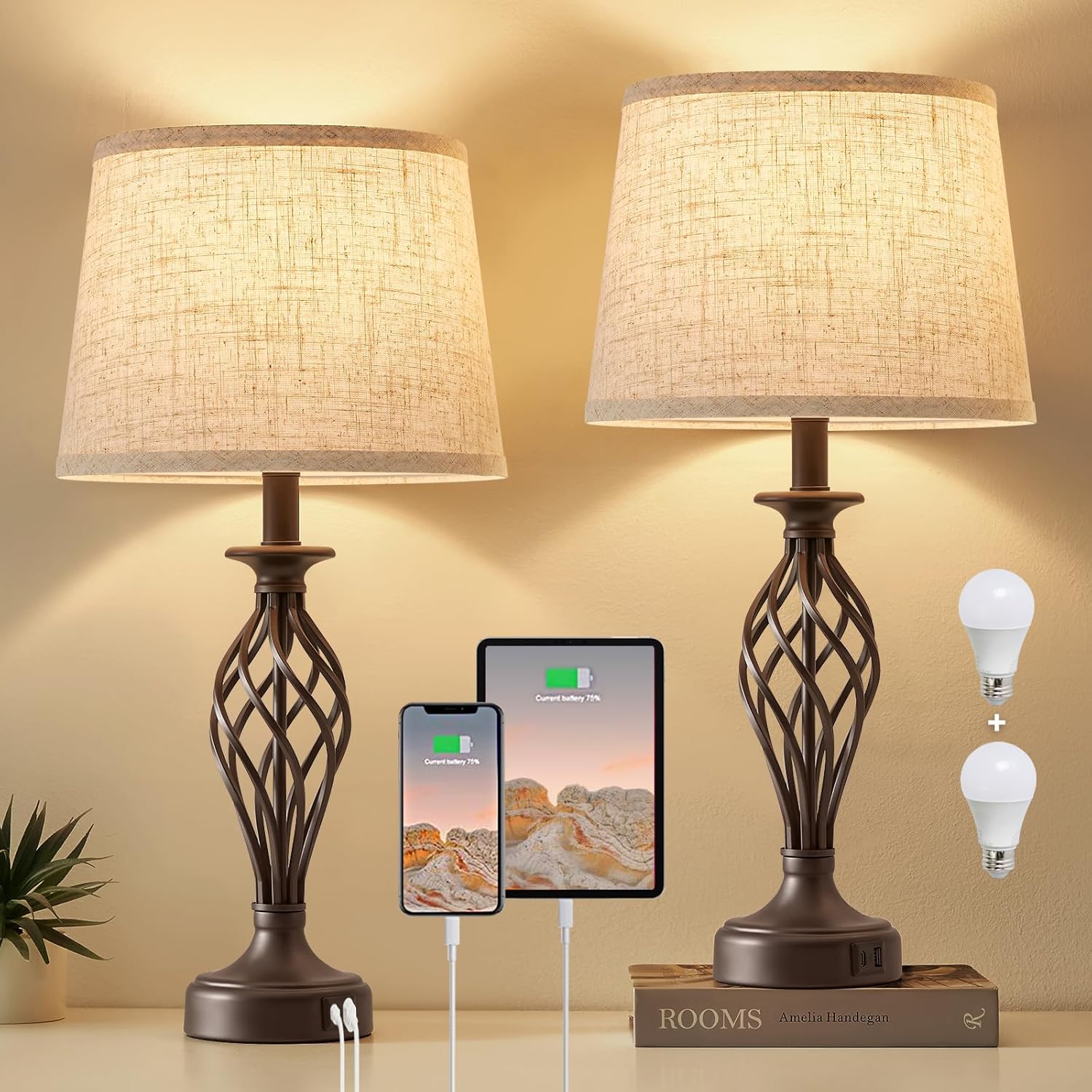 USB Modern Beige Bedside Lamp — Set of 2 — Brown Base + Beige Lampshade