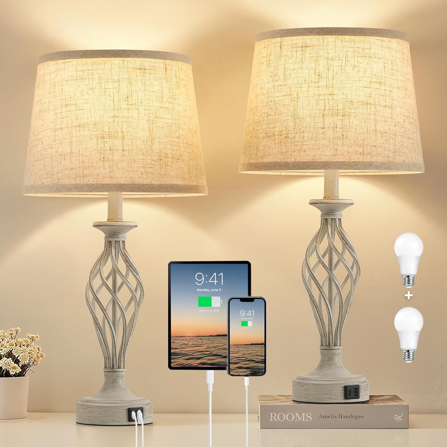 USB Modern Beige Bedside Lamp — Set of 2 — Light Grey Base + Beige Shade