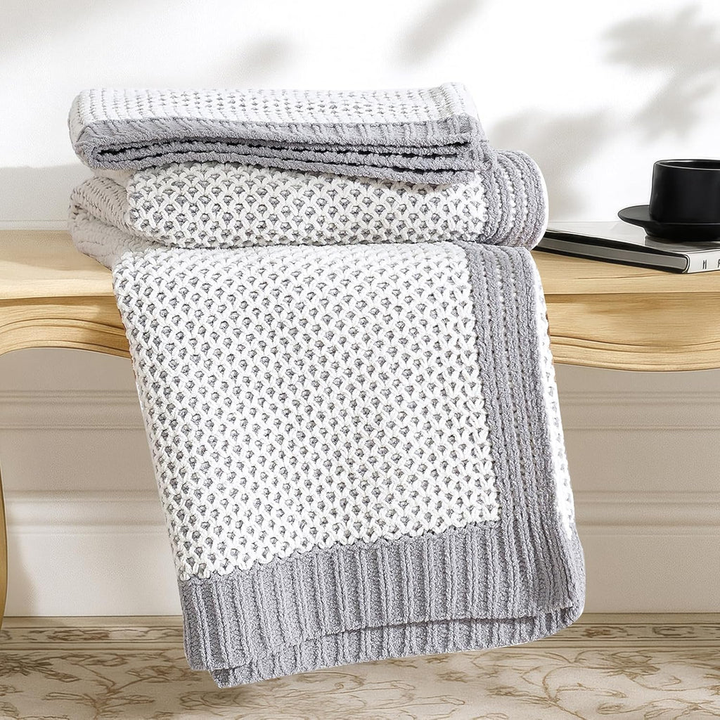 Knit Farmhouse Beige Throw Pillow — 50" — Two-tone Honeycomb - Gray & White