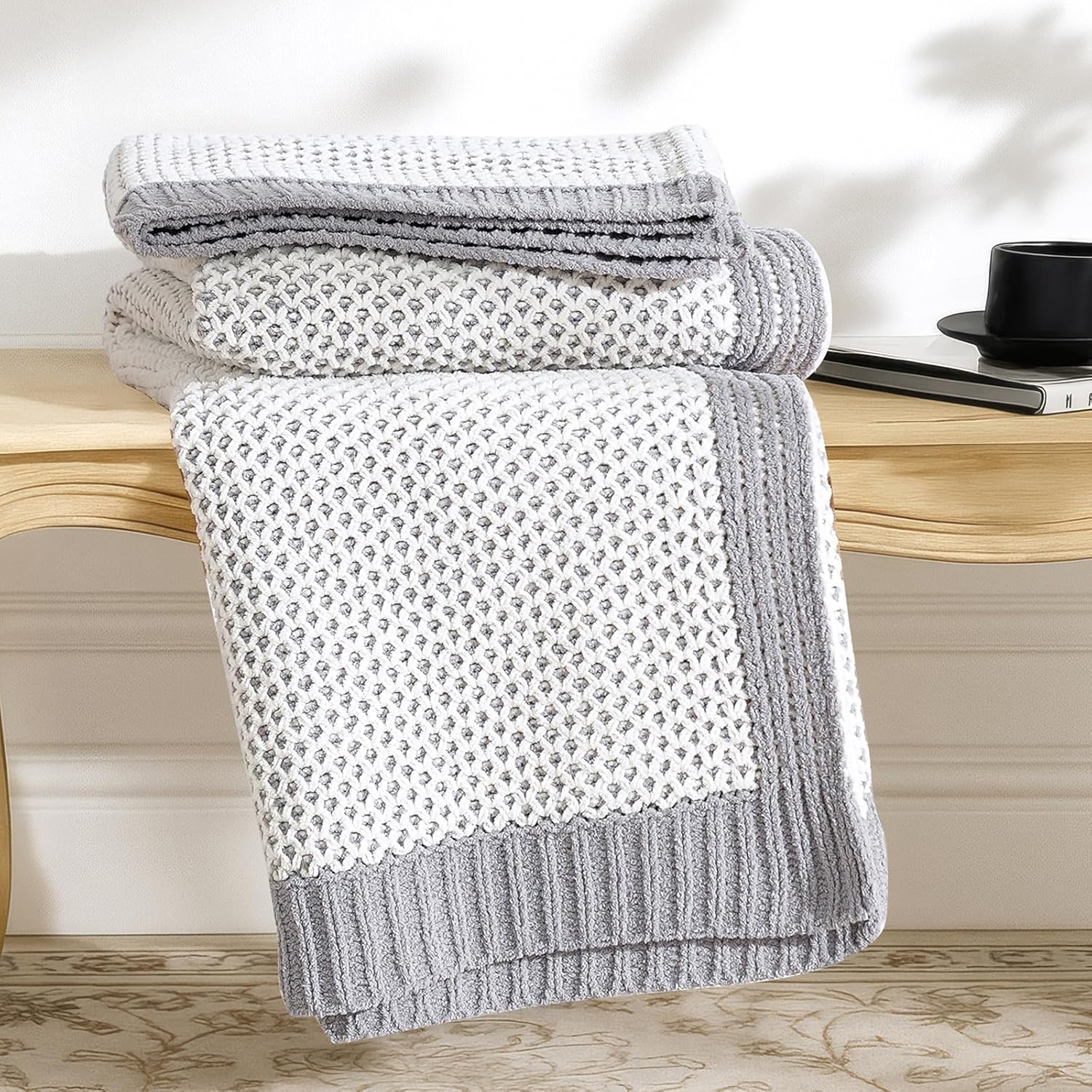 Knit Farmhouse Beige Throw Pillow — 50" — Two-tone Honeycomb - Gray & White
