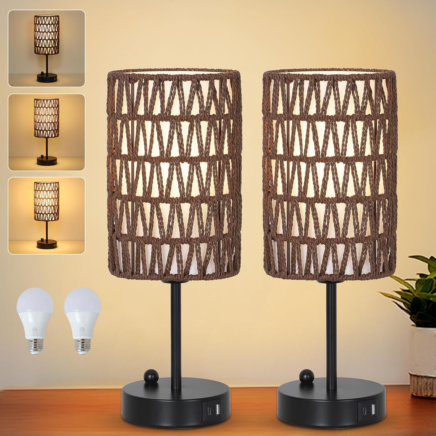 Dimmable Boho Black Desk Lamp — Coffee-2pack