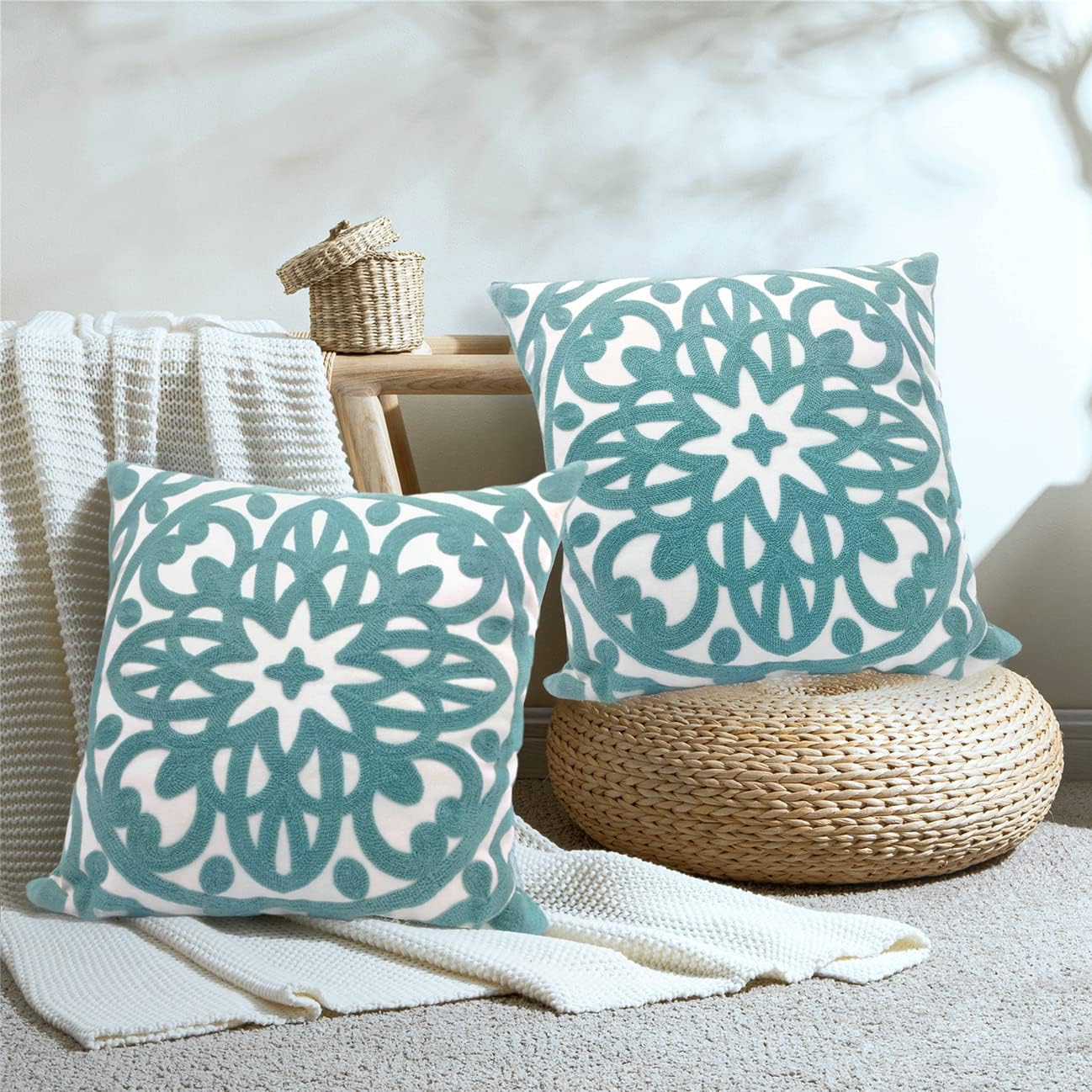 Embroidered Boho Beige Throw Pillow Cover — 12" — Aqua Blue