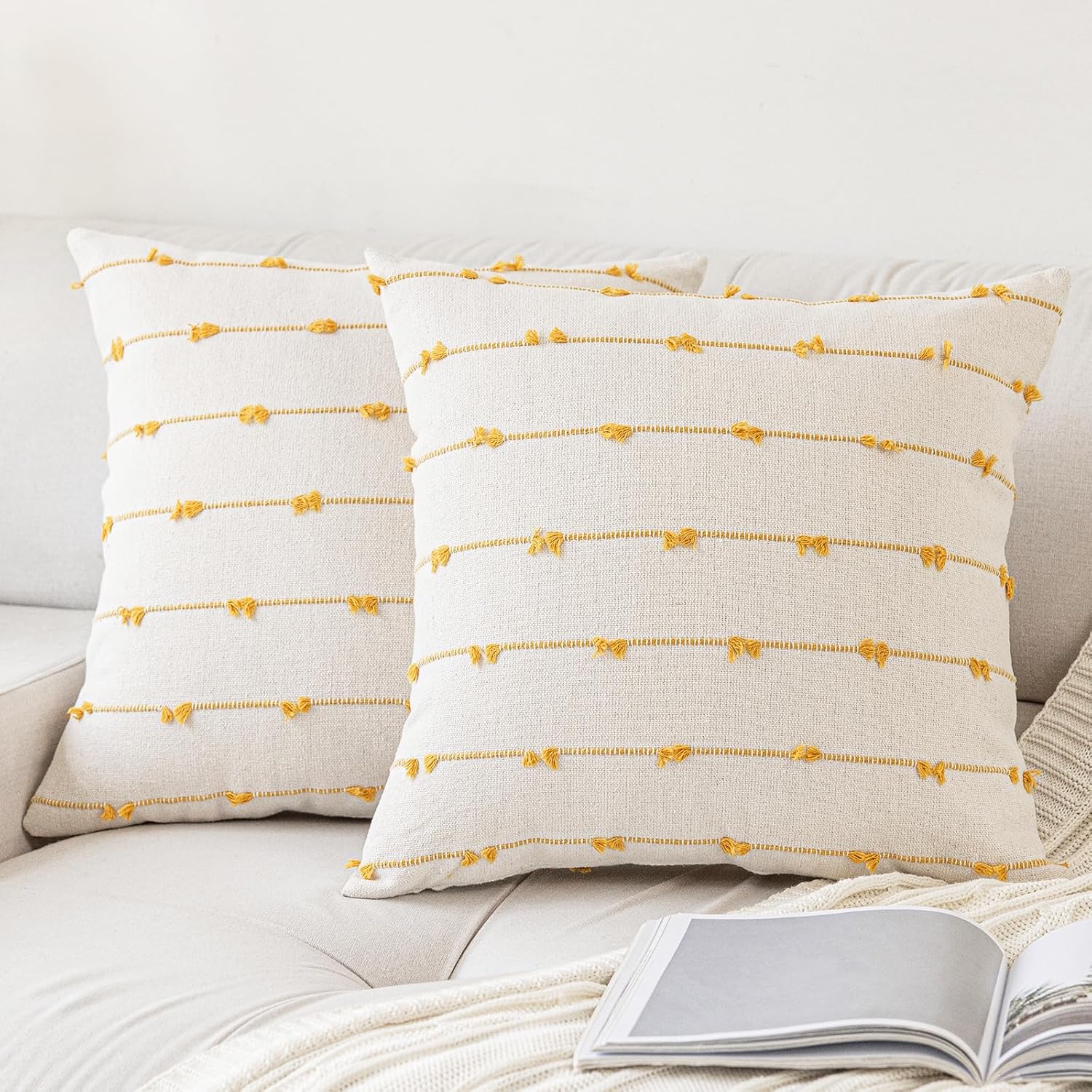 Tufted Boho Beige Throw Pillow Cover — 18" — Beige and Yellow